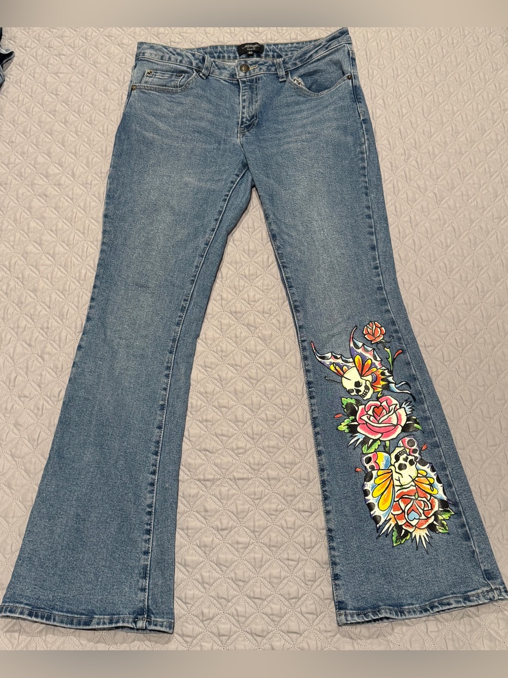 Ed Hardy Y2K Flare Jeans Womens 30 X 32 Skull Rose Tattoo 90s Vintage Style